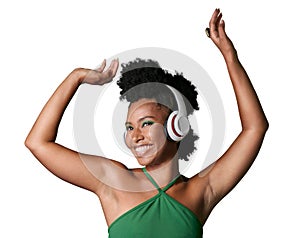 Dance, black woman listening to music with headphones and freedom isolated against a transparent png background. Motion