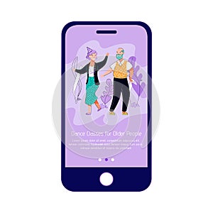 Dance classes for older people - mobile app interface with old couple
