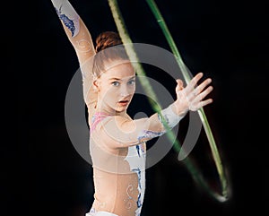 Dance, concert with a gymnastics hoop and a woman in the gym for a performance showcase or practice. Training, energy