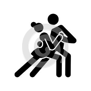 Dance couple stick figure icon. Black ballroom pictogram waltz, tango dancing man and woman.