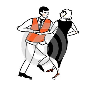 Dance couple. Woman in elegant black dress and men in red vest. Swing illustration, social dancing vector outline art.