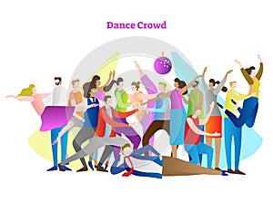 Dance crowd vector illustration. Adult friends and couples enjoying life, club, celebration and active entertainment.