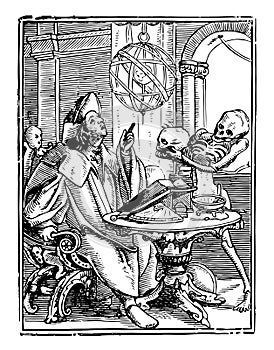 Dance of Death, The Astrologer from Hans Holbein`s series of engravings, vintage engraving