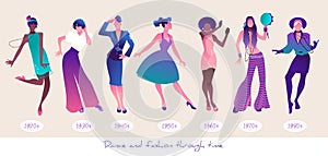 Dance and Fashion through time. Set seven women dancing wearing clothes from different eras, from the twenties to the 80s