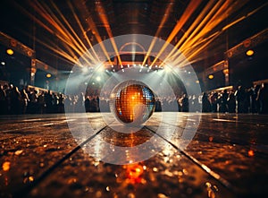 Dance floor room with mirror disco ball reflections with crowd people. Night club stage lights for party by spotlights -