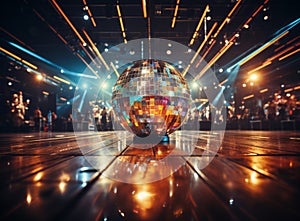 Dance floor room with mirror disco ball reflections with crowd people. Night club stage lights for party by spotlights -