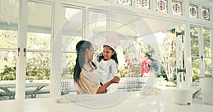 Dance, happy and mom baking with her child in the kitchen while preparing a meal, supper or dinner. Happiness, fun and