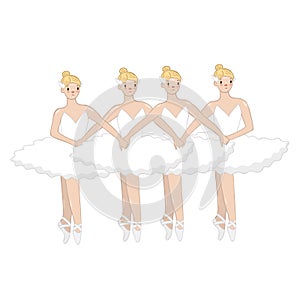 Dance of the little swans. Four ballerinas on a white background. Vector graphics