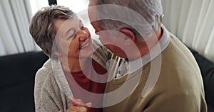 Dance, love and an elderly couple in their home for playful romance together during retirement. Smile, relax or funny