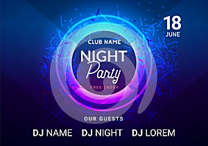 Dance music night poster background. Night club music concert DJ flyer vector design glow abstract banner event show