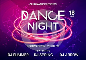 Dance music night poster background. Night club music concert DJ flyer vector design glow abstract banner event show