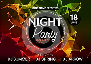Dance music night poster background. Night club music concert DJ flyer vector design glow abstract banner event show