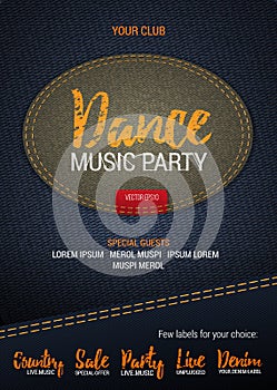 Dance Music Party flyer or banner with denim background.