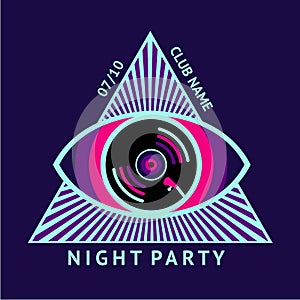 Dance music poster with vinyl record. Psychedelic trance illustration. Night party vector background.