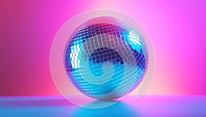 Dance party background. Disco ball in neon lights on dance floor