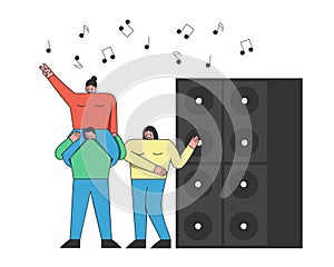 Dance Party concept. Three Friends Are Having Fun And Dancing At Disco Music Club. Notes And Big Speakers