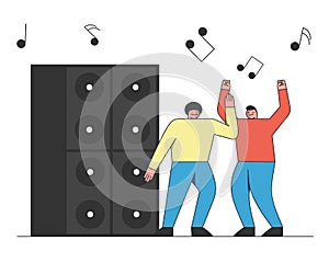 Dance Party concept. Two Men Are Having Fun And Dancing At Disco Music Club. Black Notes And Big Speakers