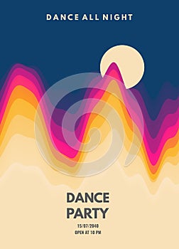 Dance party invitation with date and time details. Music event flyer or banner. 3D wavy background with dynamic effect. Vector