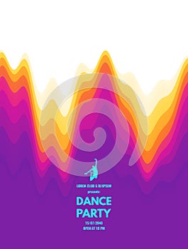 Dance party invitation with date and time details. Music event flyer or banner. 3D wavy background with dynamic effect. Vector
