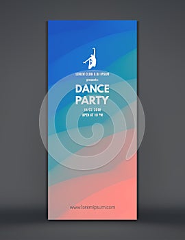 Dance party invitation with date and time details. Music event flyer, banner or stand. 3D wavy background with dynamic effect.