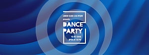 Dance party invitation with date and time details. Theatre blue curtain. Music event flyer or banner. 3D wavy background with