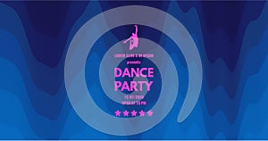 Dance party invitation with date and time details. Theatre blue curtain. Music event flyer or banner. 3D wavy background with