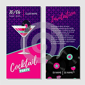 Dance party invitation for nightclub with vinyl record. Cocktail bar flyer template.