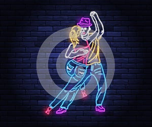 Dance party neon banner with dancing couple