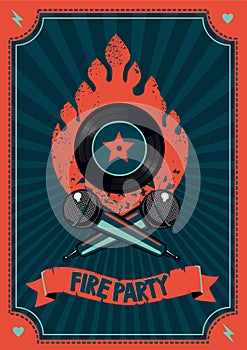 Dance party poster with mic and vinyl record. Music festival background. Vector graphic design.