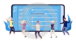 Dance perfomance concept. Flat dancers and online music playlist. Vector happy dancing people characters photo