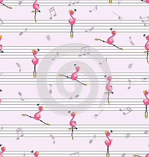 Dance of pink flamingos. Music and music notes.