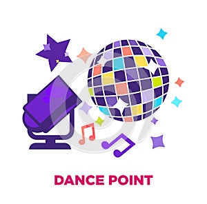 Dance point promotional poster with shiny disco ball