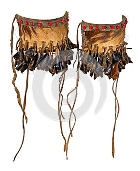 Dance rattle of the North American Indians made of rawhide, deerskin and deer hooves to attach to the legs