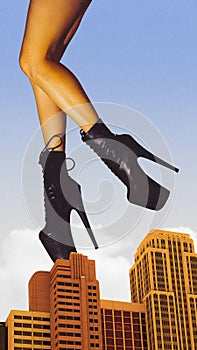 Dance show. Promotional poster for upcoming club event. Giant image of female legs in heeled shoes standing on top of