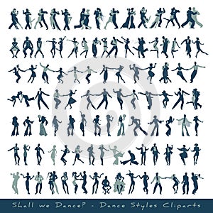 Dance styles cliparts collection. Silhouettes of tango, jazz, swing, rock, pop, soul and latin music dancers, isolated on white