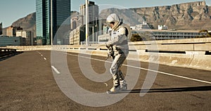 Dance, travel and astronaut in city with adventure, future dystopia and planet for discovery. Earth, aerospace mission