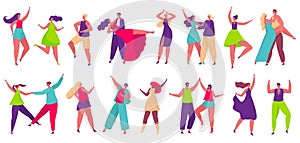 Dancer couples dance tango, people dancing and having fun. Happy characters partying and celebrating, professional dancers vector