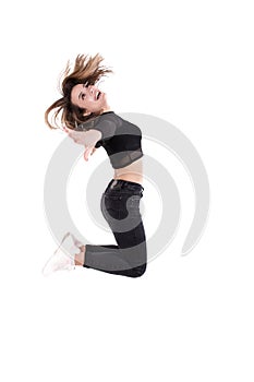 Dancer girl jumping on white background isolated