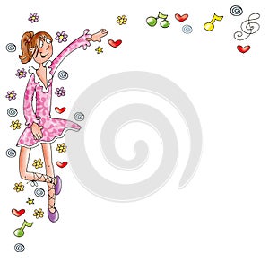 Dancer girl with pink dress, notes and hearts comic humorist design photo