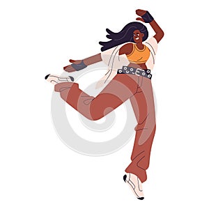 Dancer perform hiphop. Performer in freestyle street dance. Young woman jumping in hip hop pose. Modern, contemporary