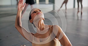 Dancer, stretch and balance for performance, training with flexibility practice and technique. Woman, ballet artist and