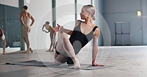 Dancer, stretch and technique for performance, training with flexibility practice and prepare. Woman, ballet artist and