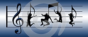 Dancers appear as musical notes on a treble clef with treble clef symbol and lines.