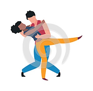 Dancers. Cartoon couple dancing tango. Hugged man and woman moving to music. Choreographic active motions. Hobby or