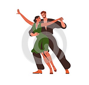 Dancers couple dancing. Happy young man and woman duet performing, moving to music. Modern male and female partners