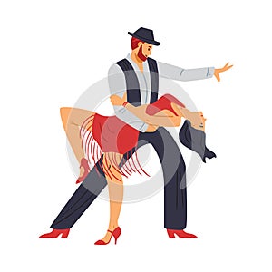 Dancers dancing salsa or tango, flat vector illustration isolated on white.