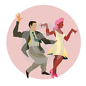 Dancers of Lindy hop. The man and the woman of different nationalities dance. Flat vector illustration of social dance.