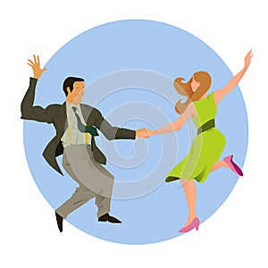 Dancers of Lindy hop. The man and the woman isolated in a blue circular background. Flat vector illustration of people.