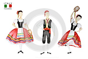 Dancers in red national costume an Italian tarantella with a tambourine on white background. Set of Woman and man dancer