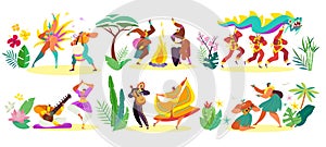Dancers in traditional costumes of different cultures, vector illustration